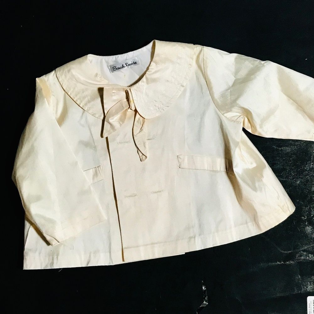 Sarah Louise Jacket, Cream Taffeta, Double Breasted, Pleats on Back, Bow